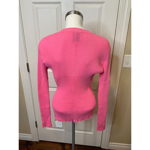 Aknvas Pink Thin Knit Ribbed Ruffle Long Sleeve Top Size Large - Picture 4 of 5